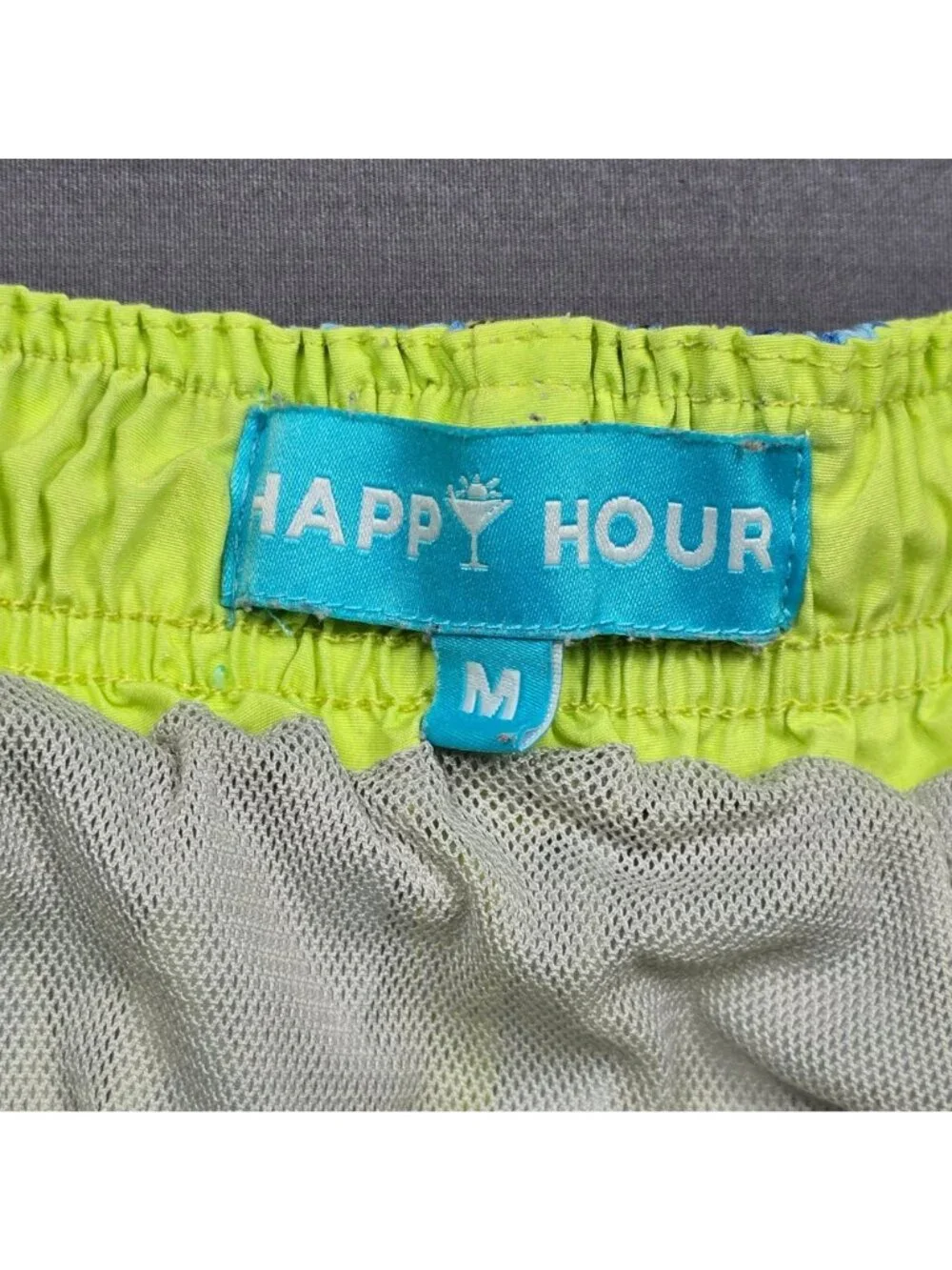 Happy Hour Mens M Swim Trunks Yellow/Blue Lady Octopus Print Elastic Waist